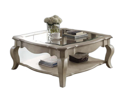 42" Clear And Taupe Glass And Solid Wood Square Coffee Table With Shelf