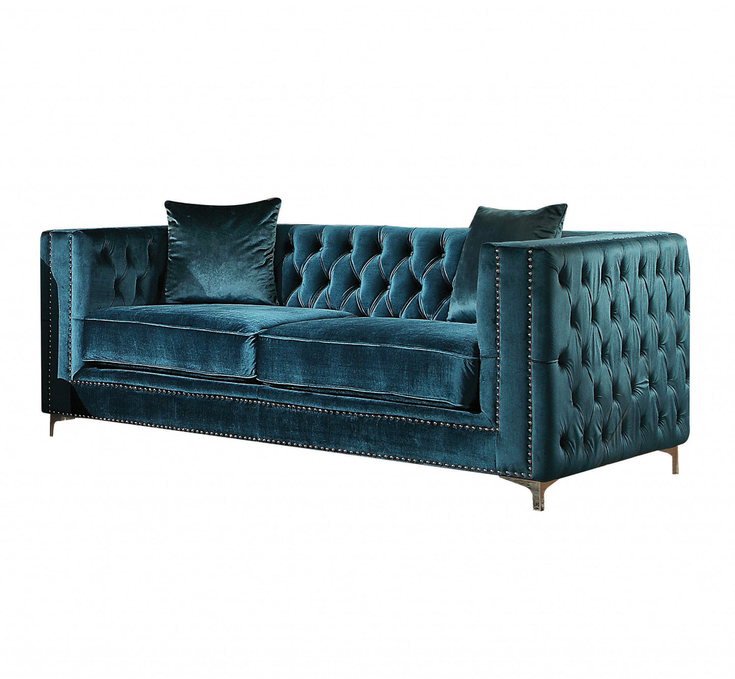 77" Teal Blue And Gray Velvet Loveseat