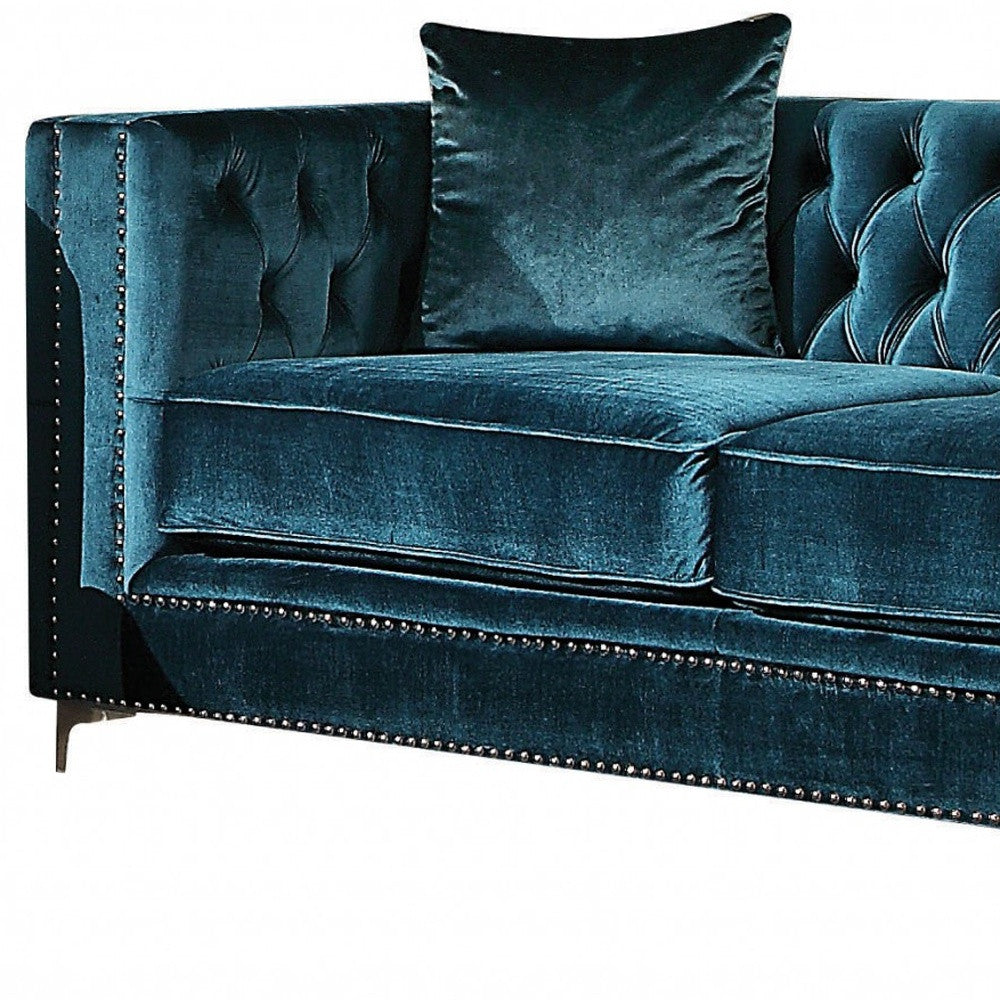 77" Teal Blue And Gray Velvet Loveseat