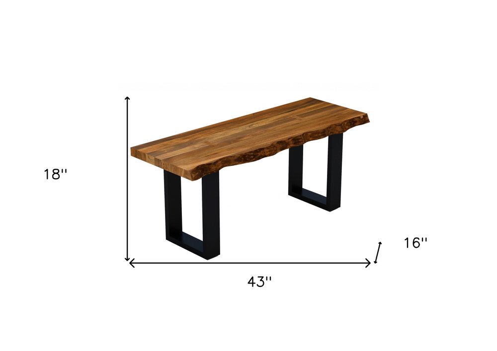 43" Brown And Black Steel and Solid Wood Live Edge Dining Bench