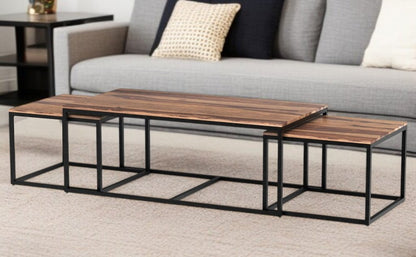 Set of Three 47" Natural And Black Solid Wood And Iron Coffee Table
