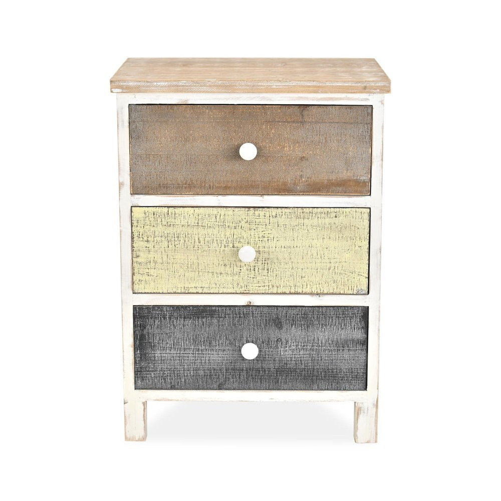 19" White Gray and Natural Distressed Accent Cabinet With Three Drawers