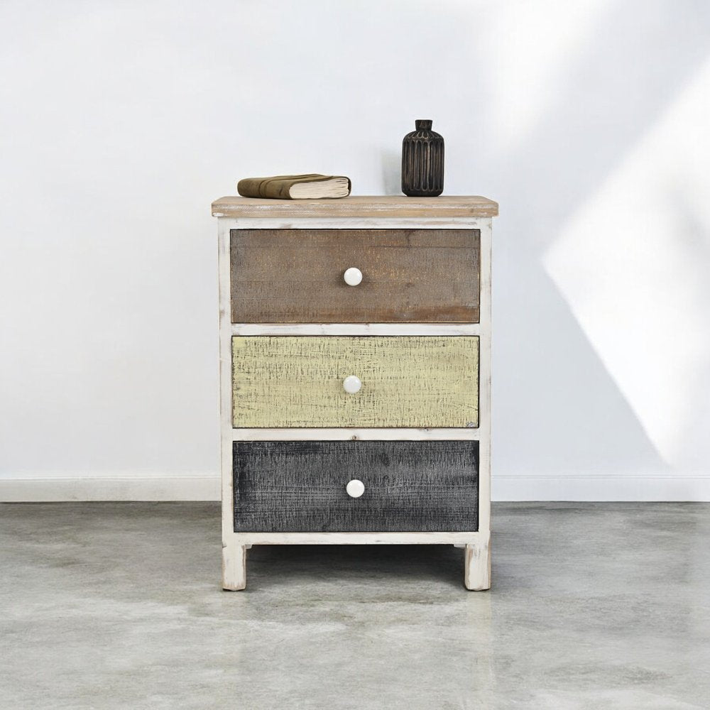 19" White Gray and Natural Distressed Accent Cabinet With Three Drawers
