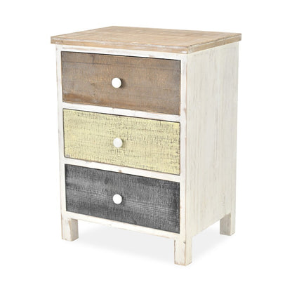 19" White Gray and Natural Distressed Accent Cabinet With Three Drawers