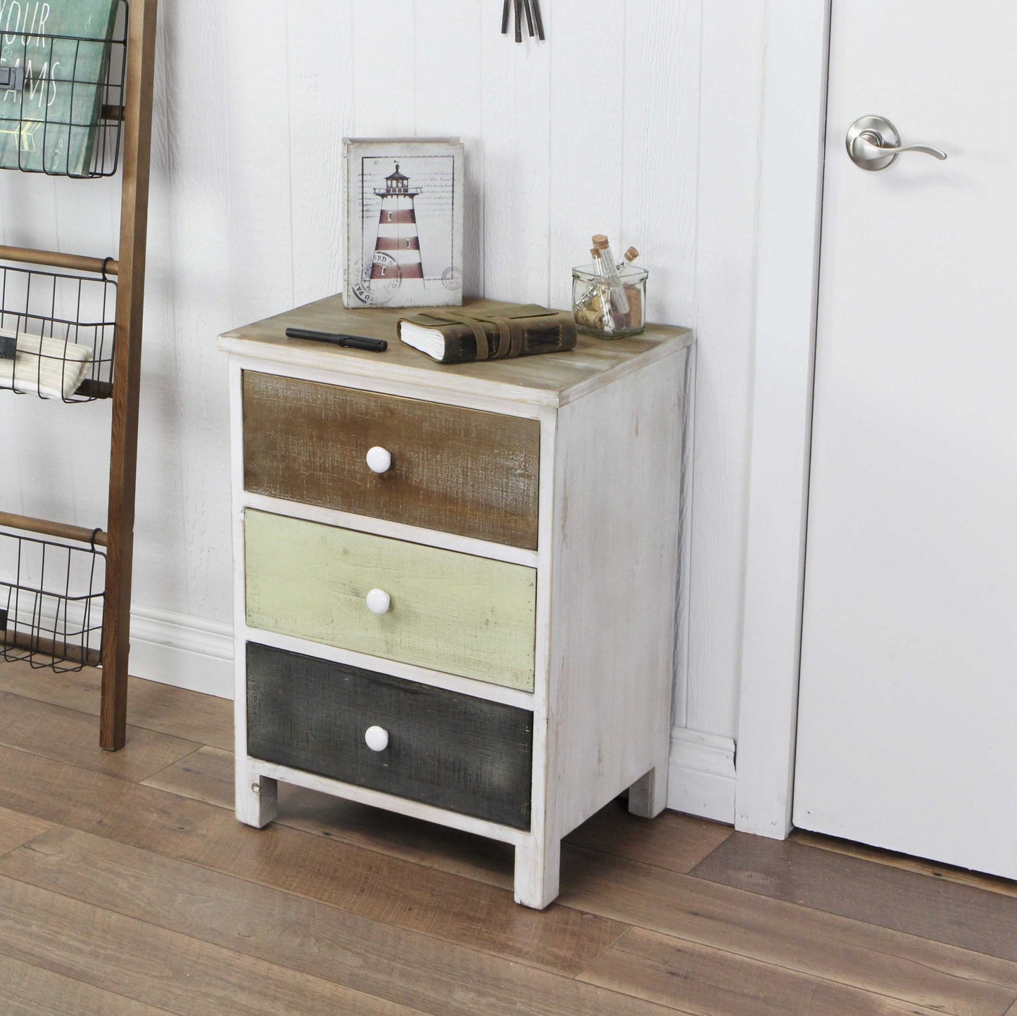 Distressed Gray And White Side Cabinet With 3 Drawers