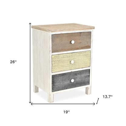 19" White Gray and Natural Distressed Accent Cabinet With Three Drawers