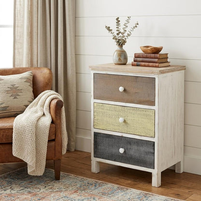 19" White Gray and Natural Distressed Accent Cabinet With Three Drawers