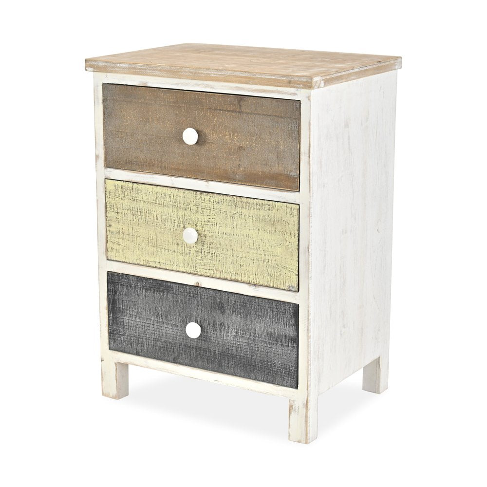 19" White Gray and Natural Distressed Accent Cabinet With Three Drawers