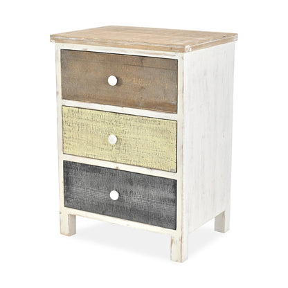19" White Gray and Natural Distressed Accent Cabinet With Three Drawers