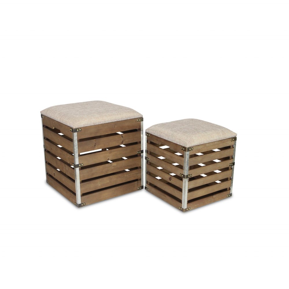 Set of Two 16" Brown Linen Upholstered Storage Square Entryway Stool With Flip Top