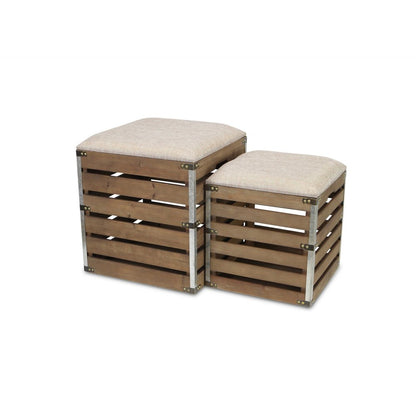 Set of Two 16" Brown Linen Upholstered Storage Square Entryway Stool With Flip Top