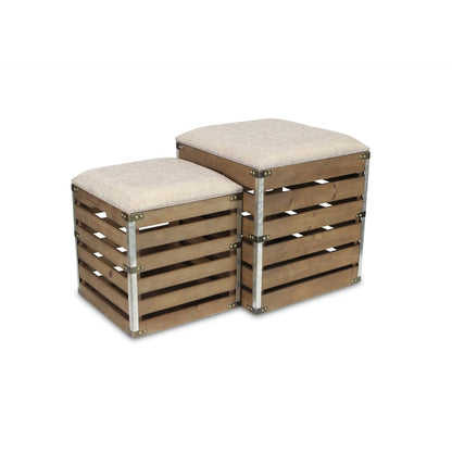 Set of Two 16" Brown Linen Upholstered Storage Square Entryway Stool With Flip Top
