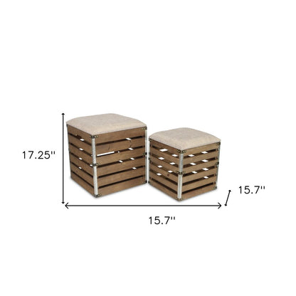 Set of Two 16" Brown Linen Upholstered Storage Square Entryway Stool With Flip Top