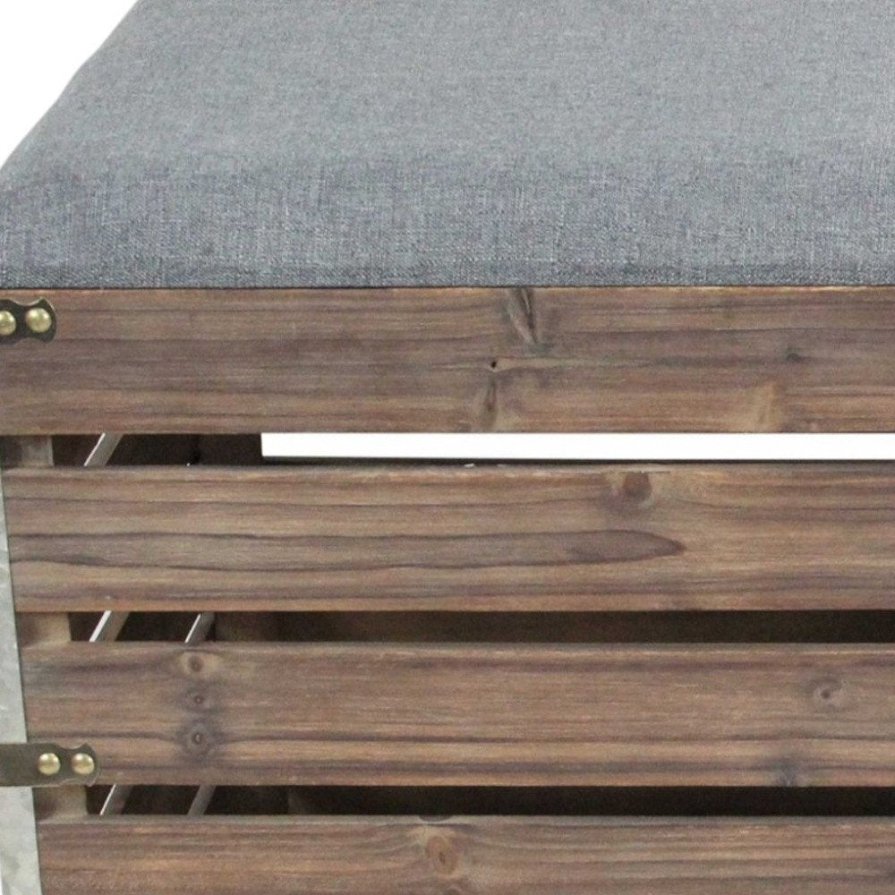 Set Of 2 Square Gray Linen Fabric And Wood Slats Storage Benches