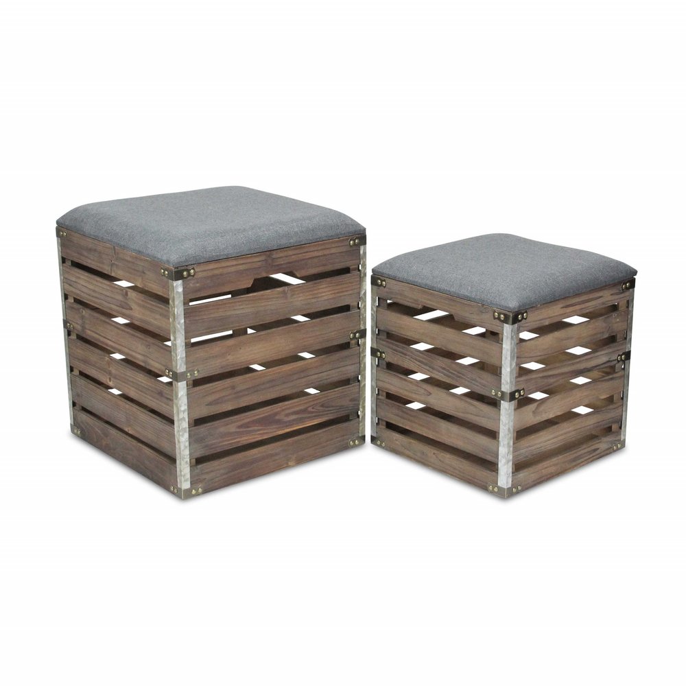 Set of Two 16" Gray Linen Upholstered Storage Square Entryway Stool With Flip Top