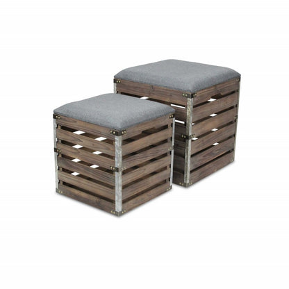 Set of Two 16" Gray Linen Upholstered Storage Square Entryway Stool With Flip Top