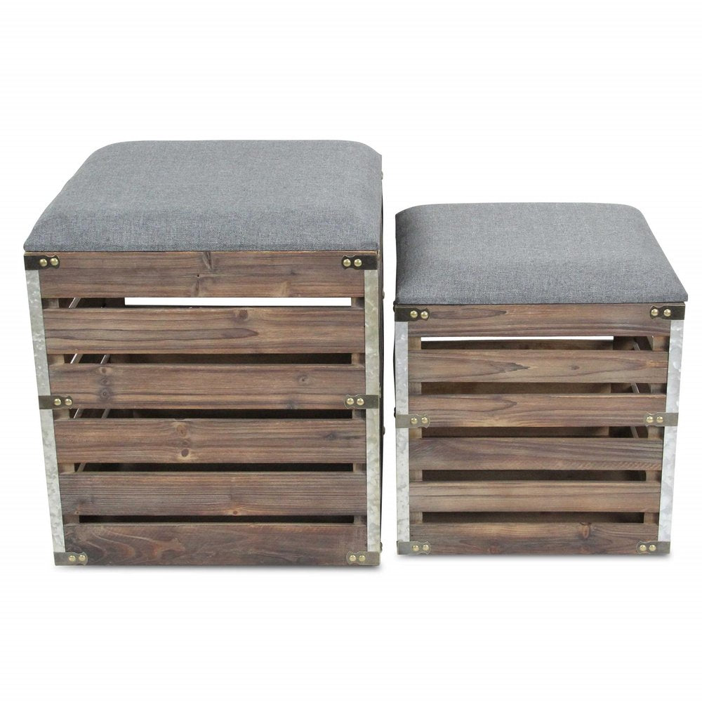 Set of Two 16" Gray Linen Upholstered Storage Entryway Stool With Flip Top