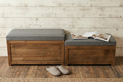 Set Of 2 Rectangular Gray Linen Fabric And Wood Storage Benches