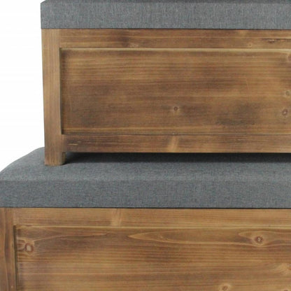 Set Of 2 Rectangular Gray Linen Fabric And Wood Storage Benches