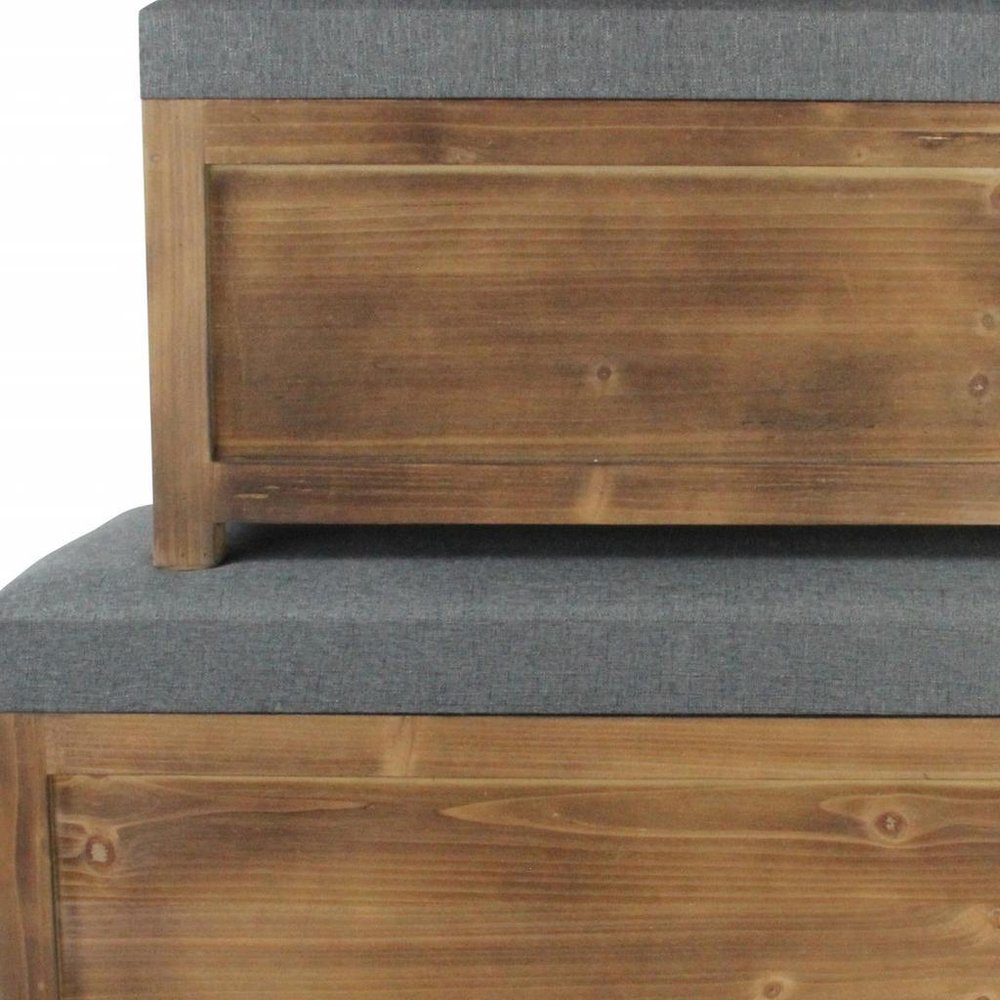 Set of Two 36" Gray And Brown Linen And Solid Wood Upholstered Storage Bench With Flip Top