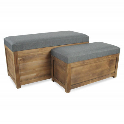 Set of Two 36" Gray And Brown Linen And Solid Wood Upholstered Storage Bench With Flip Top