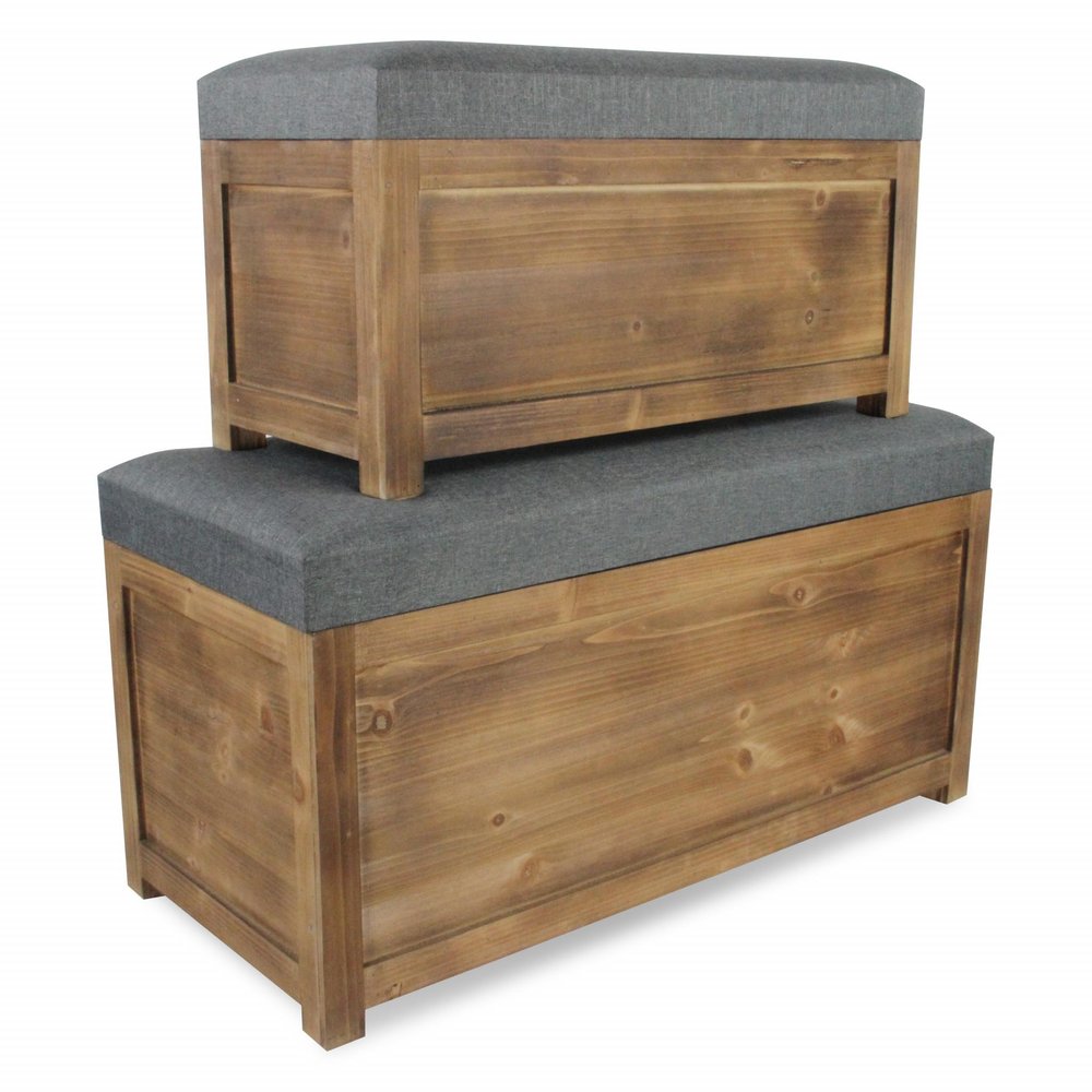 Set of Two 36" Gray And Brown Linen And Solid Wood Upholstered Storage Bench With Flip Top