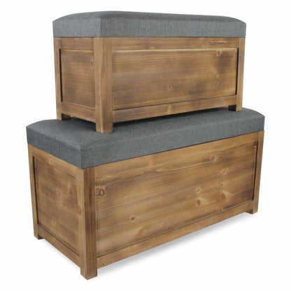 Set of Two 36" Gray And Brown Linen And Solid Wood Upholstered Storage Bench With Flip Top