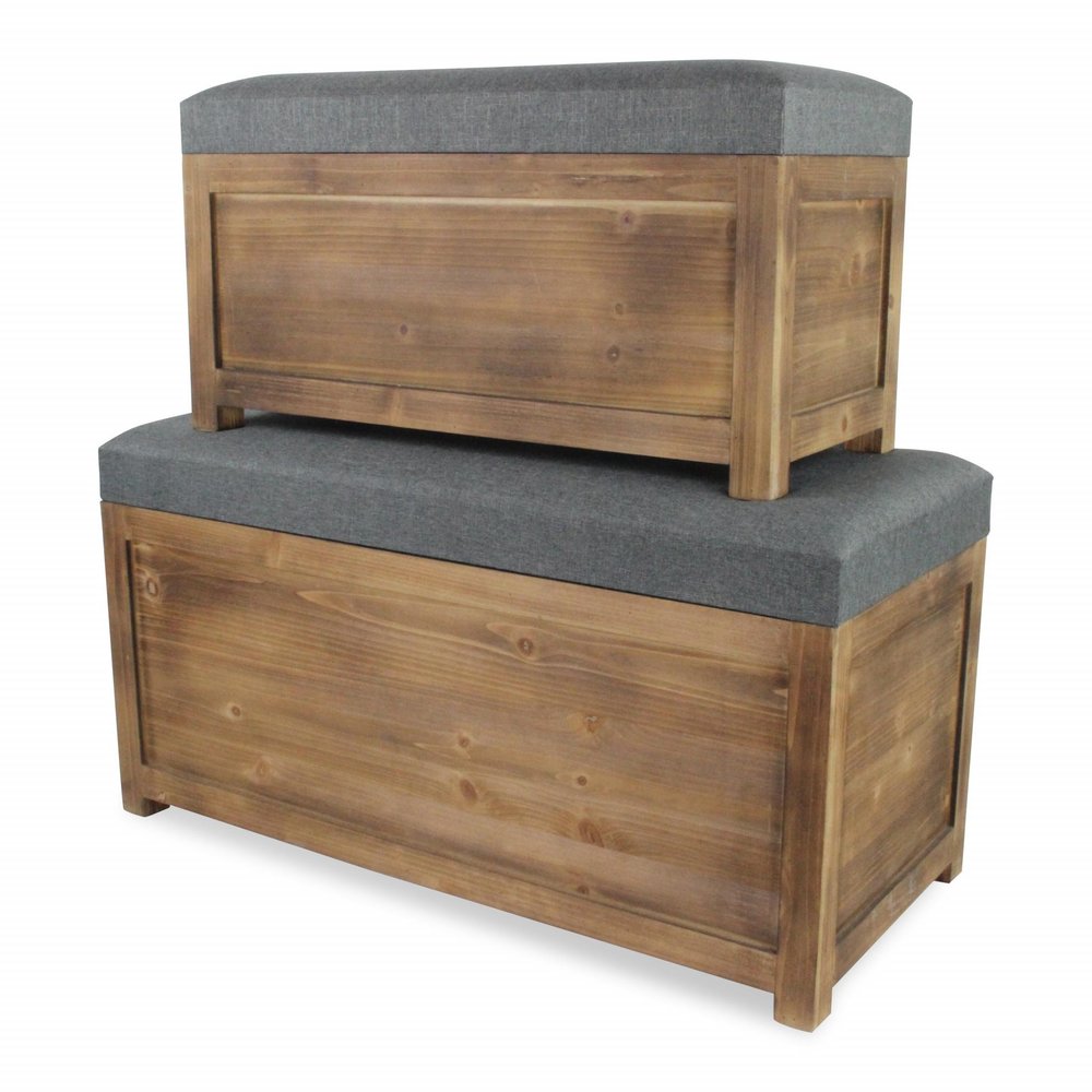 Set of Two 36" Gray And Brown Linen And Solid Wood Upholstered Storage Bench With Flip Top