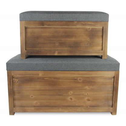 Set Of 2 Rectangular Gray Linen Fabric And Wood Storage Benches