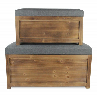 Set of Two 36" Gray And Brown Linen And Solid Wood Upholstered Storage Bench With Flip Top