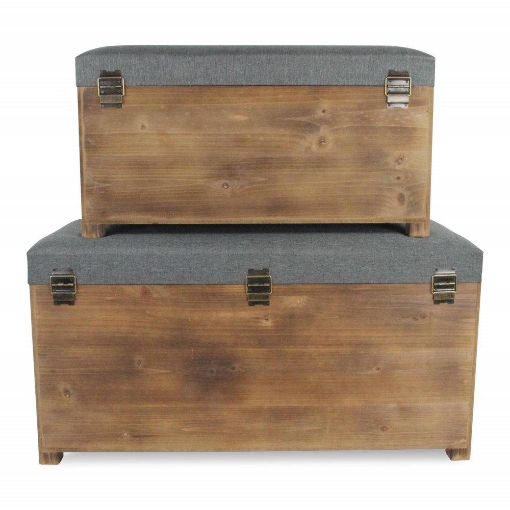 Set of Two 36" Gray And Brown Linen And Solid Wood Upholstered Storage Bench With Flip Top