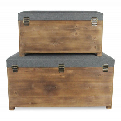 Set of Two 36" Gray And Brown Linen And Solid Wood Upholstered Storage Bench With Flip Top