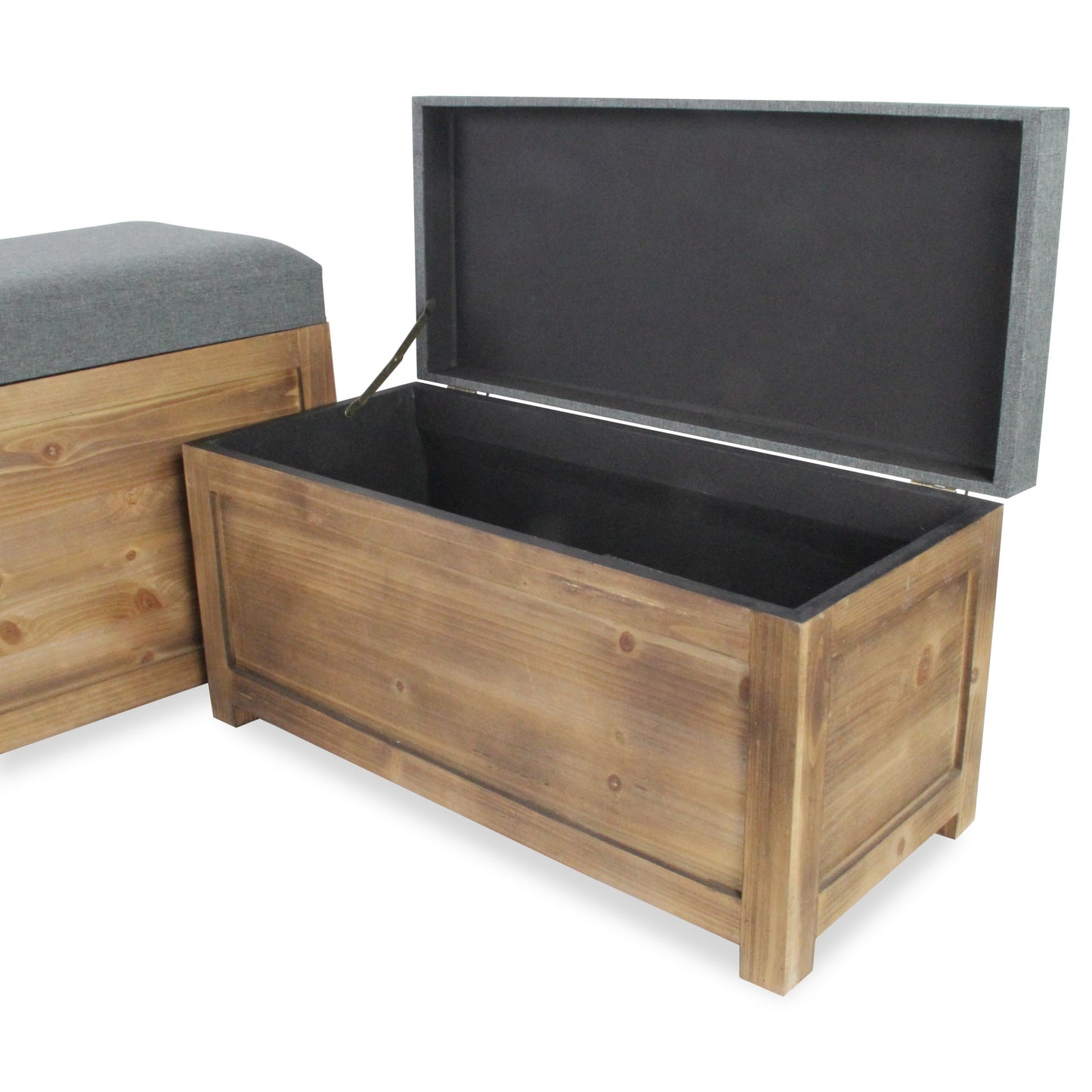 Set Of 2 Rectangular Gray Linen Fabric And Wood Storage Benches