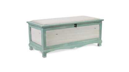 37" White And Green Linen Blend And Wood Upholstered Distressed Storage Bench With Flip Top