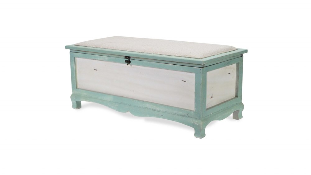 37" White And Green Linen Blend And Wood Upholstered Distressed Storage Bench With Flip Top