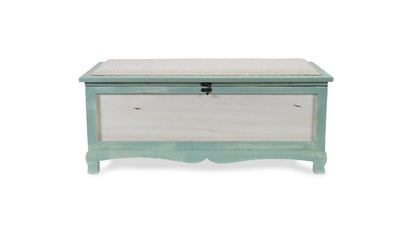 37" White And Green Linen Blend And Wood Upholstered Distressed Storage Bench With Flip Top