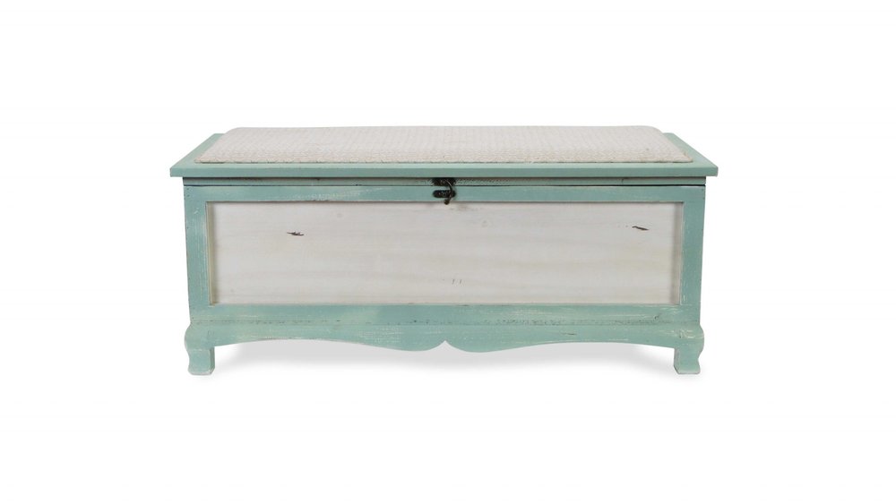 37" White And Green Linen Blend And Wood Upholstered Distressed Storage Bench With Flip Top
