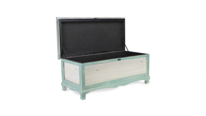 37" White And Green Linen Blend And Wood Upholstered Distressed Storage Bench With Flip Top