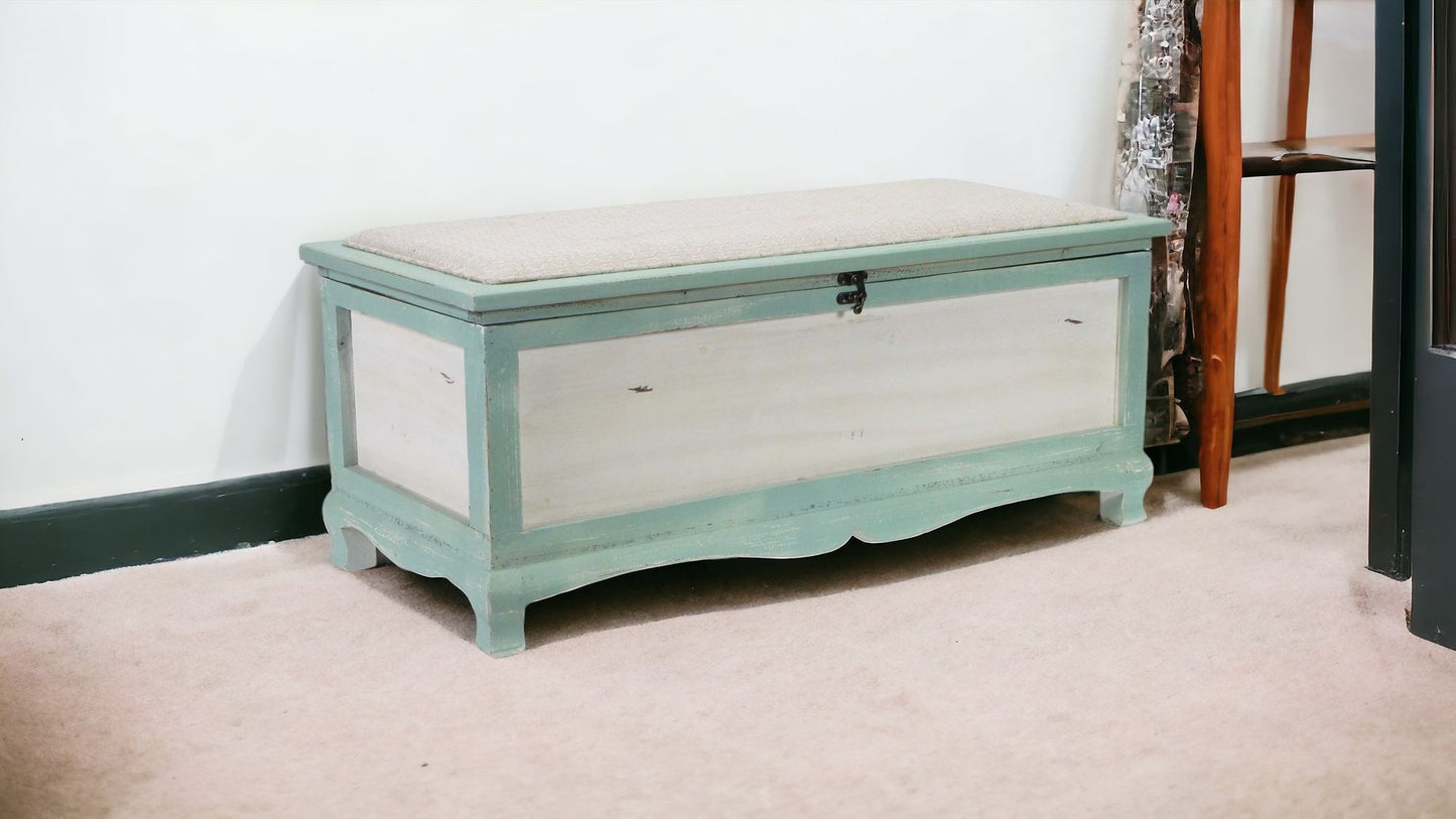 Rectangular Green Wooden With Seat Cushion And Inside Storage Bench