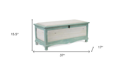 37" White And Green Linen Blend And Wood Upholstered Distressed Storage Bench With Flip Top