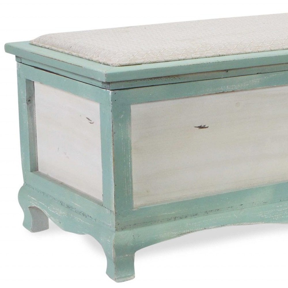 37" White And Green Linen Blend And Wood Upholstered Distressed Storage Bench With Flip Top