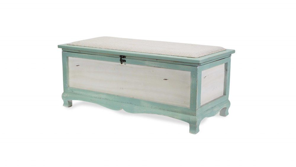 37" White And Green Linen Blend And Wood Upholstered Distressed Storage Bench With Flip Top