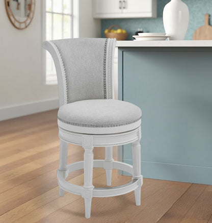 39" Light Gray And White Fabric Swivel Counter Height Bar Chair