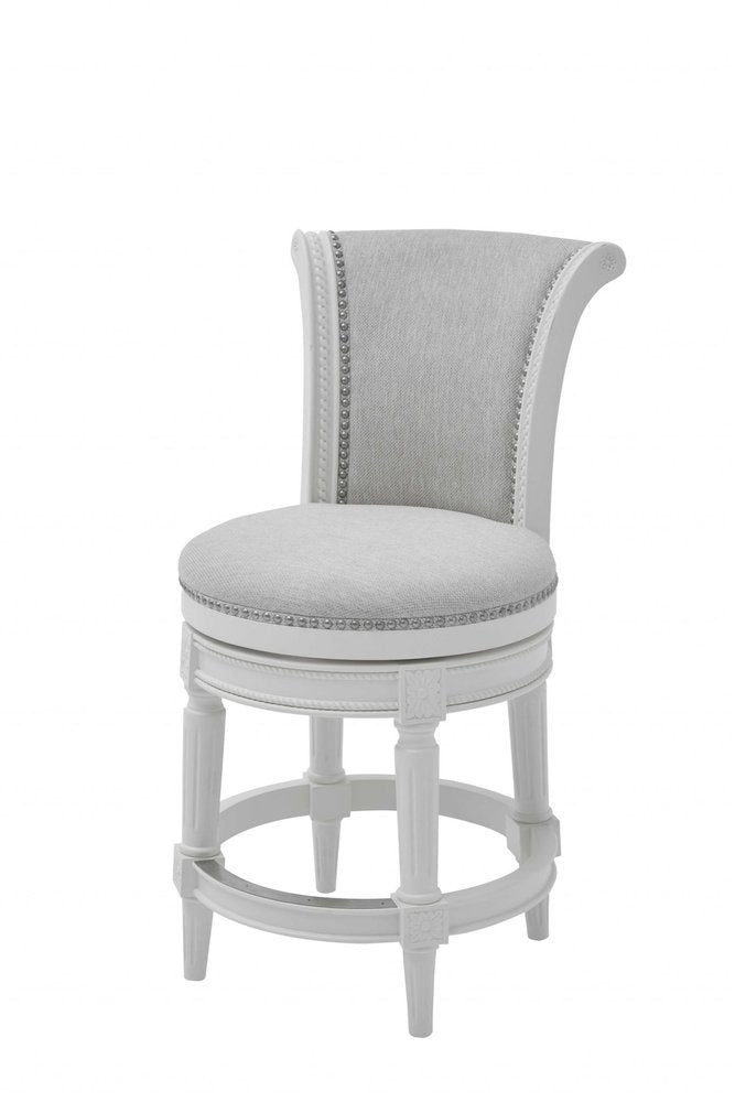 39" Light Gray And White Fabric And Linen And Wood Counter Height Swivel Bar Chair