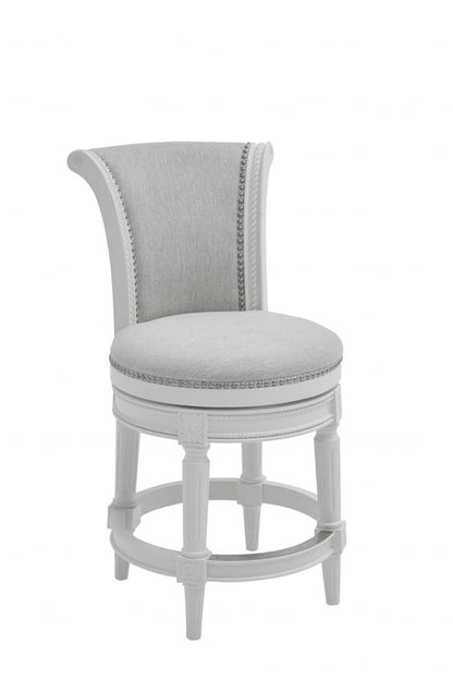 39" Light Gray And White Fabric And Linen And Wood Counter Height Swivel Bar Chair