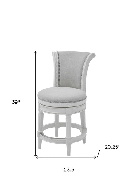 39" Light Gray And White Fabric Swivel Counter Height Bar Chair