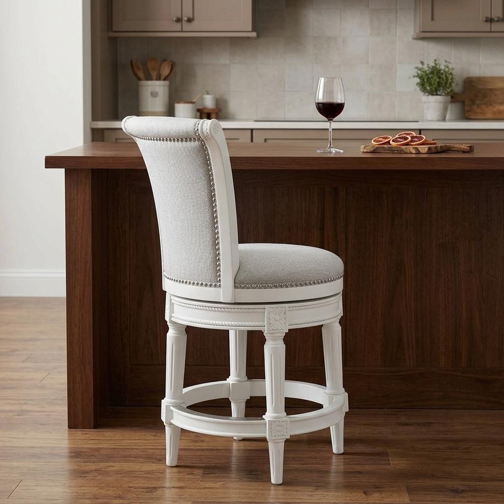 39" Light Gray and White Fabric Counter Height Swivel Bar Chair