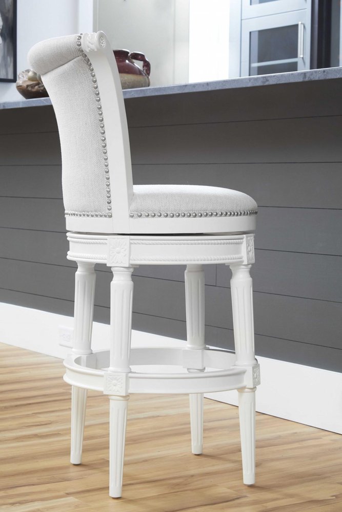 31" Light Gray And White Linen And Solid Wood Swivel Bar Chair