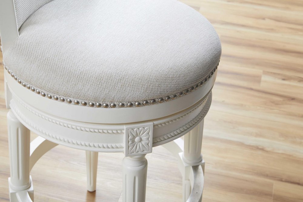 31" Light Gray And White Linen And Solid Wood Swivel Bar Chair