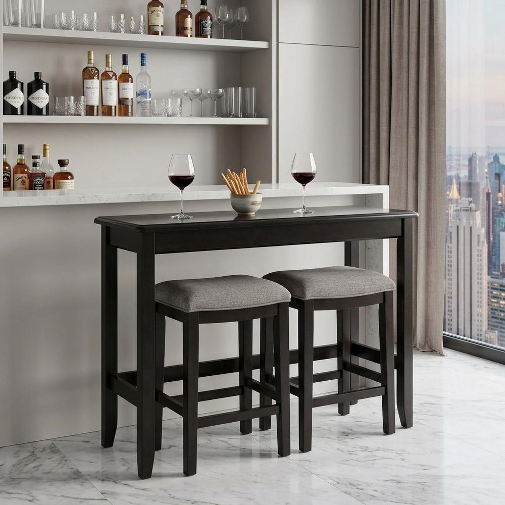 Set of Two 27" Light Gray and Dark Brown Solid Wood Backless Bar Chairs with Table